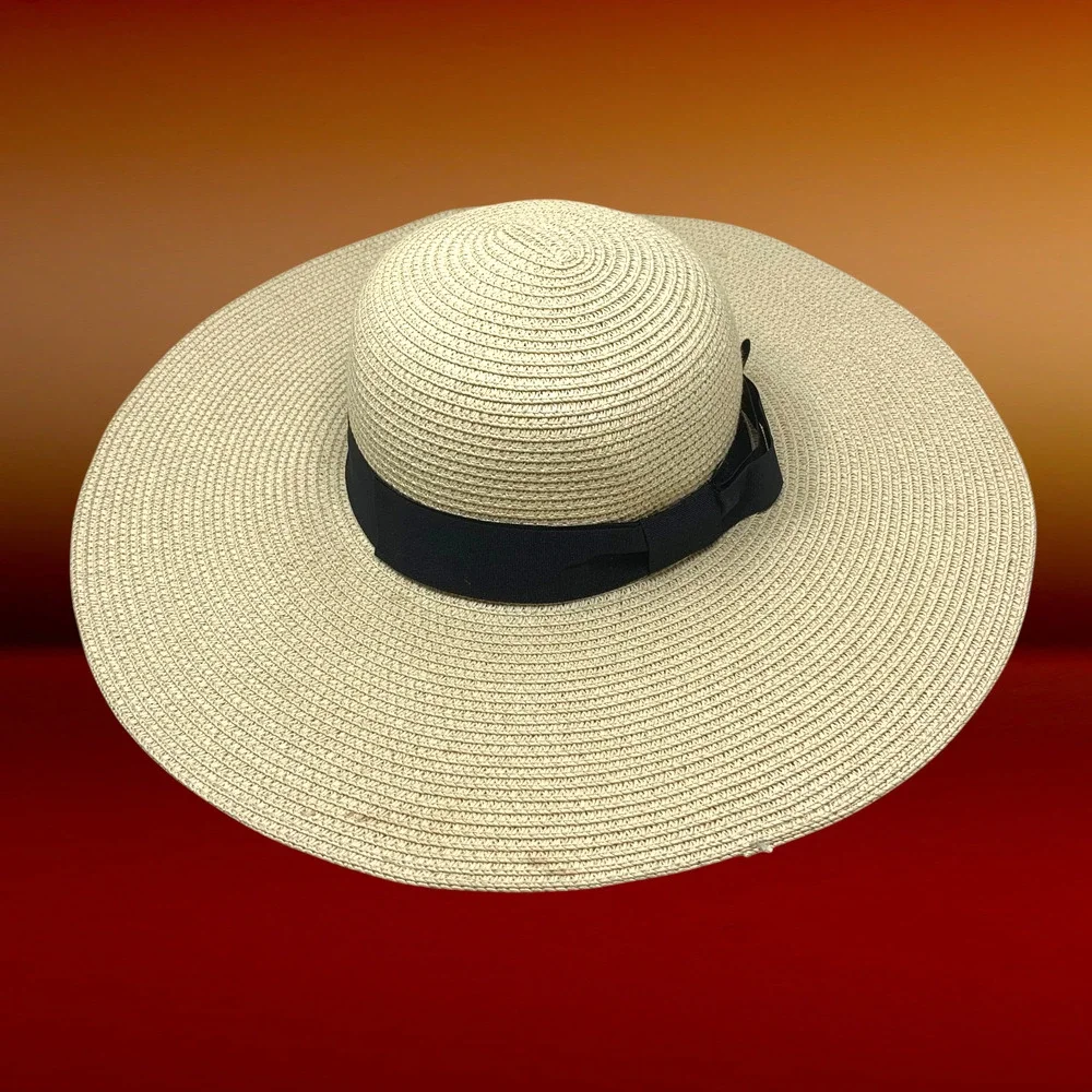 Debra Weitzner Sz M Wide Brim Sun Hat Natural Woven Straw Black Ribbon Band